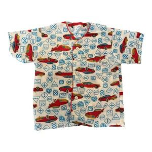 Vintage 70's Car‎ Print Button Up Shirt Short Sleeve Novelty Top Pajamas Size 2